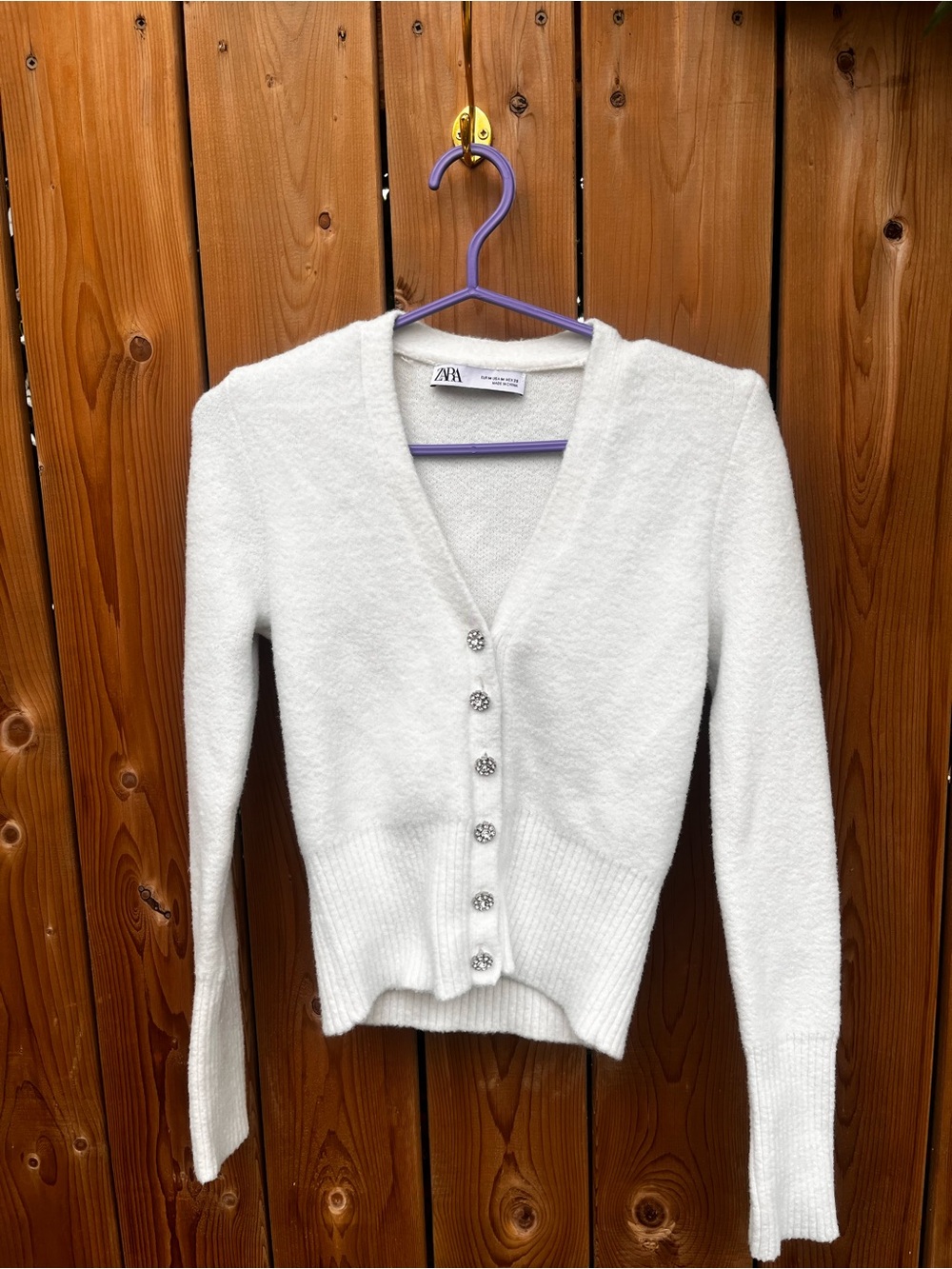 Zara White V‑Neck Buttoned Cardigan with Decorative Gems